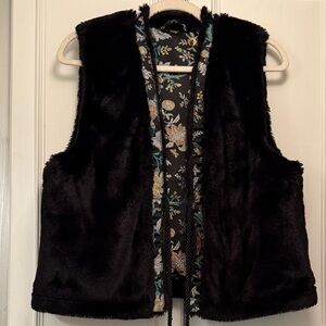 Free People Black Faux Fur Vest with Brocade Lining